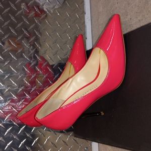 Hot pink with silver heels.